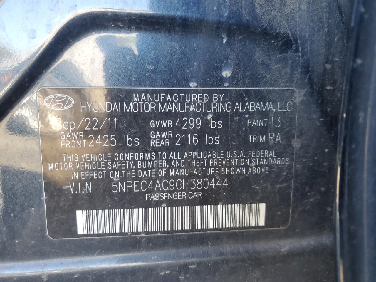 5NPEC4AC9CH380444 2012 Hyundai Sonata Se