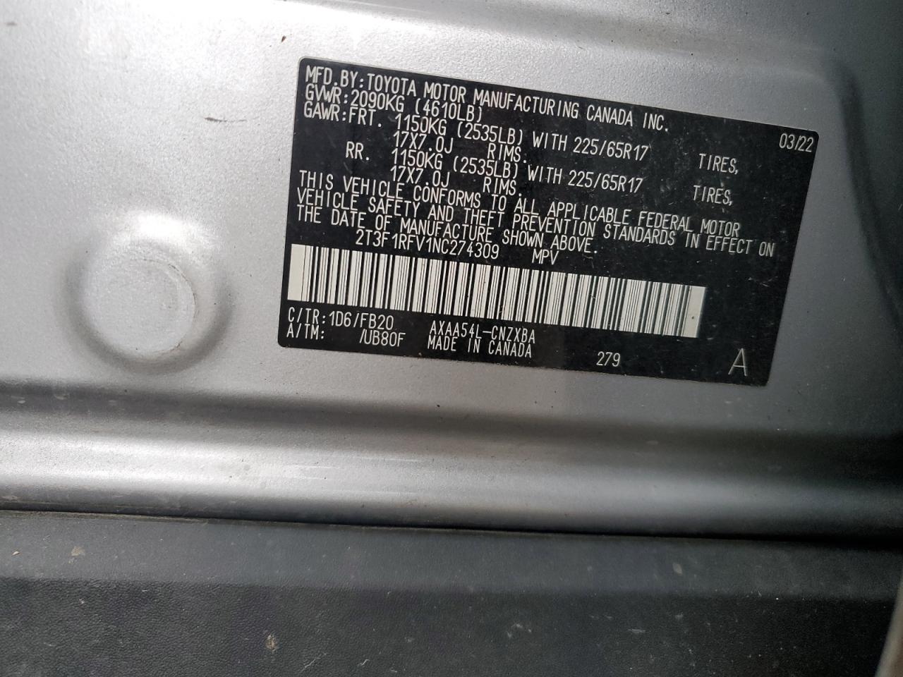 2T3F1RFV1NC274309 2022 Toyota Rav4 Le