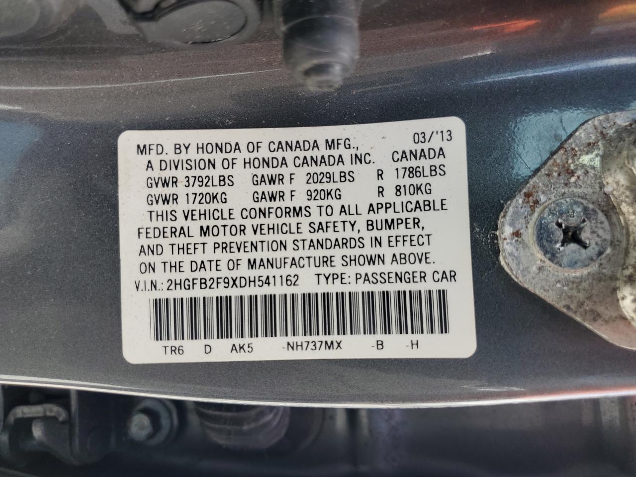 2HGFB2F9XDH541162 2013 Honda Civic Exl