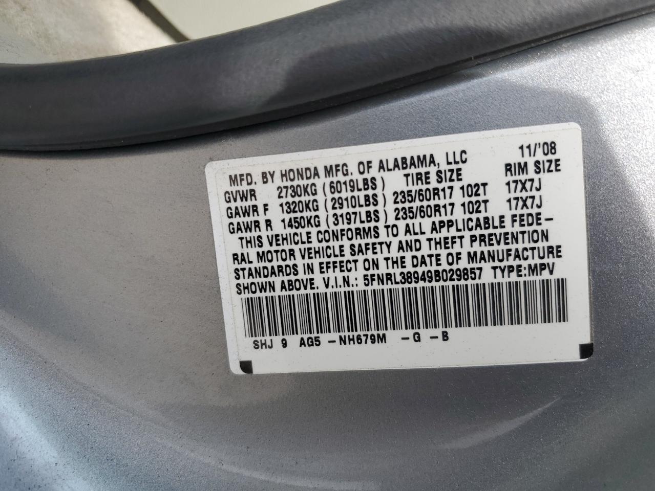 5FNRL38949B029857 2009 Honda Odyssey Touring