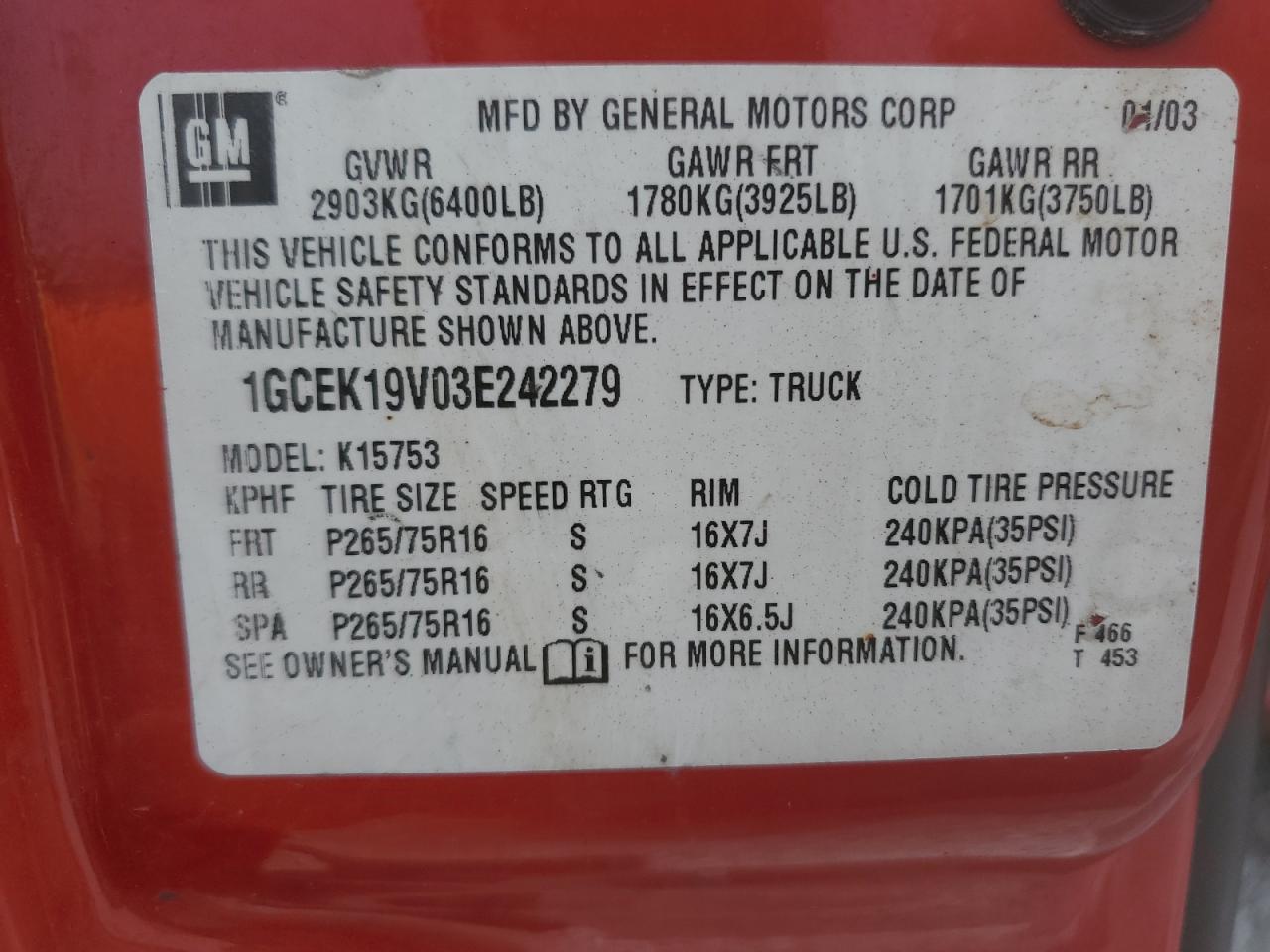 1GCEK19V03E242279 2003 Chevrolet Silverado K1500