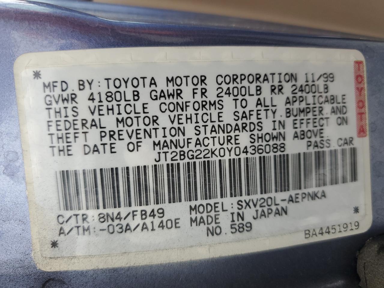 JT2BG22K0Y0436088 2000 Toyota Camry Ce