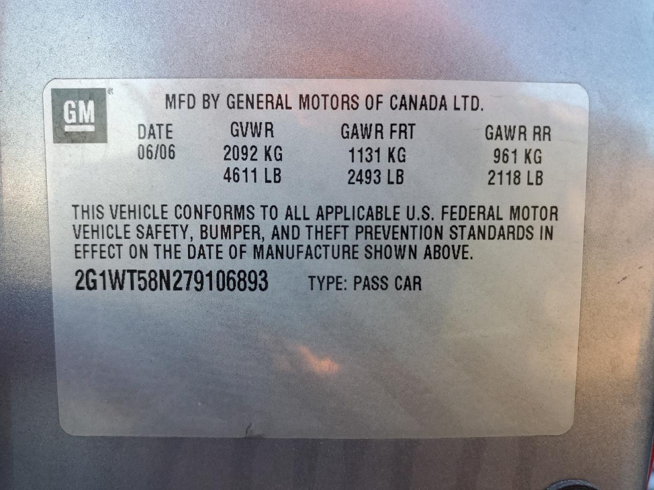 2G1WT58N279106893 2007 Chevrolet Impala Lt