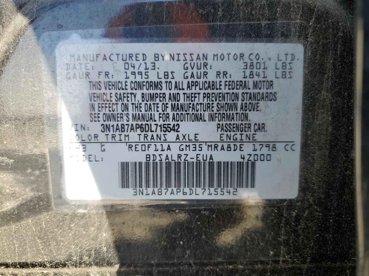 3N1AB7AP6DL715542 2013 Nissan Sentra S