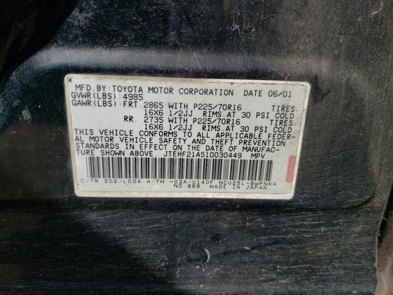 JTEHF21A510030449 2001 Toyota Highlander