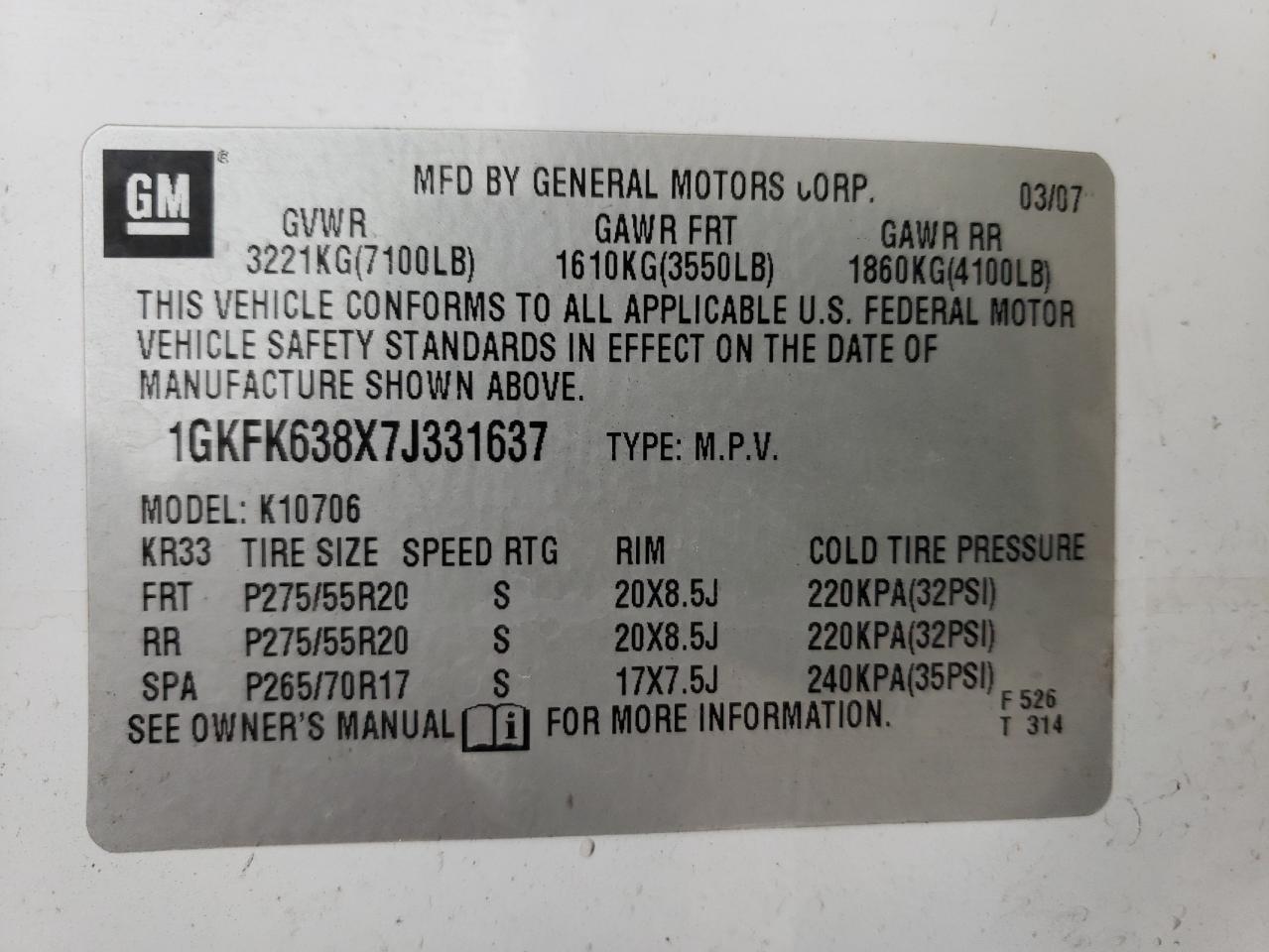 1GKFK638X7J331637 2007 GMC Yukon Denali