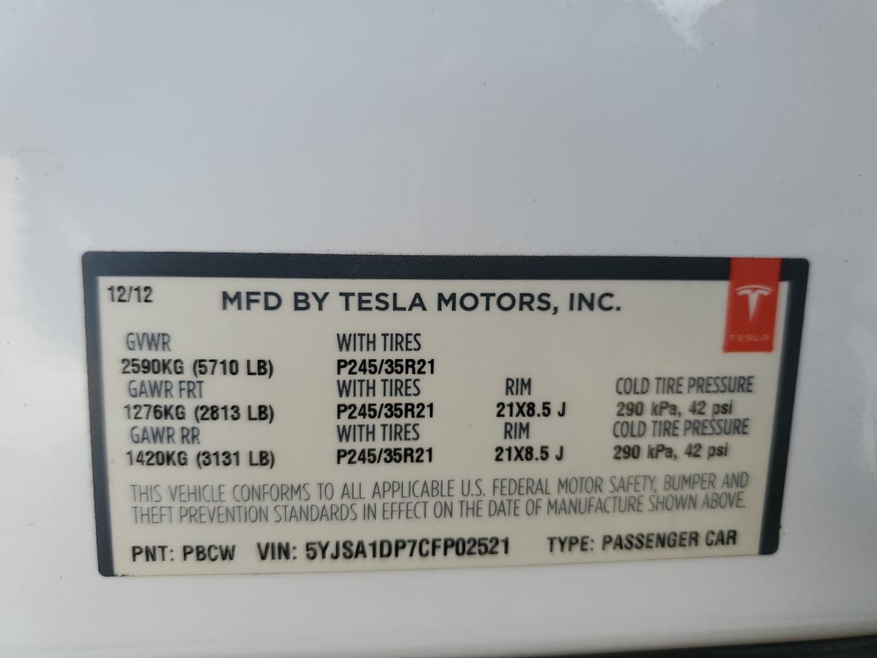 5YJSA1DP7CFP02521 2012 Tesla Model S 5YJSA1DP7CFP02521 2012 Tesla Model S