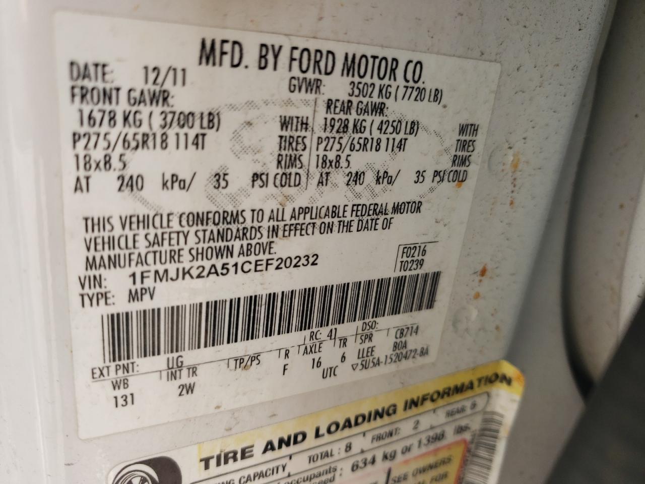 1FMJK2A51CEF20232 2012 Ford Expedition El Limited