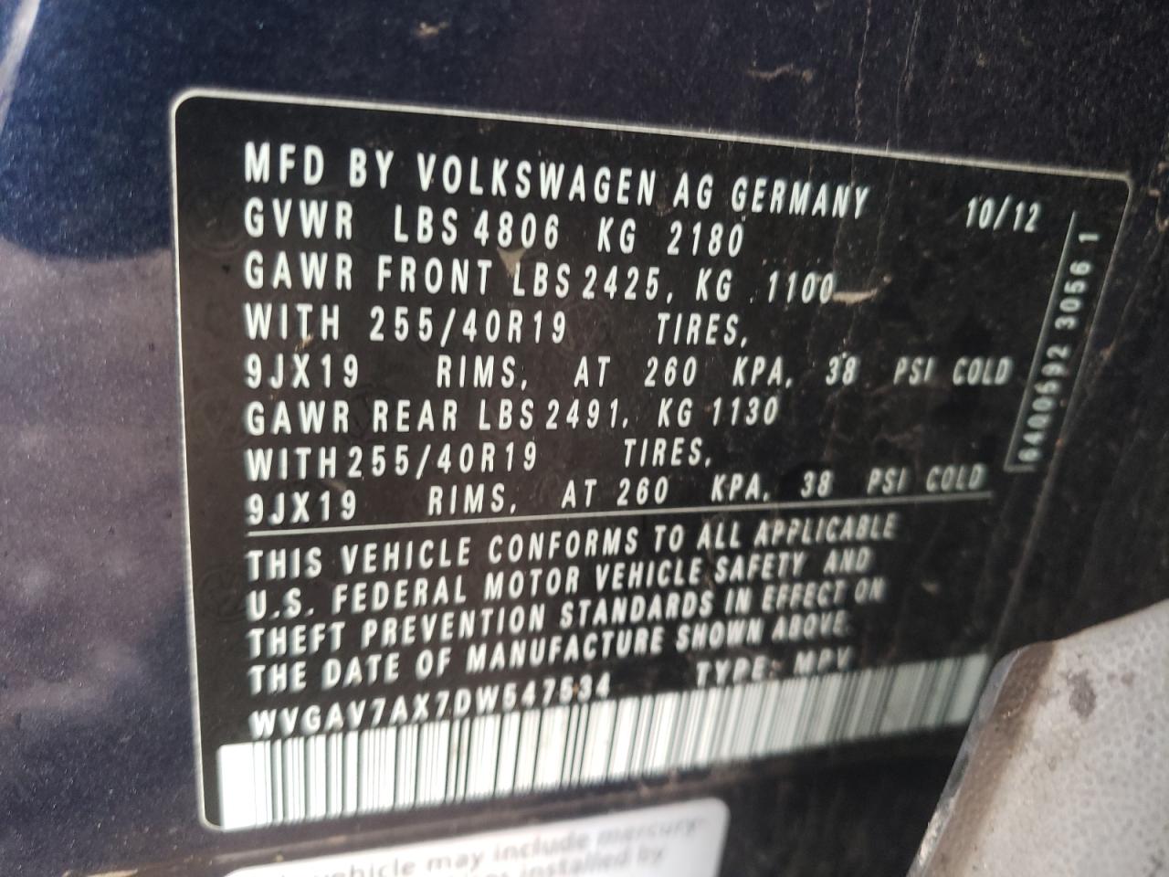 WVGAV7AX7DW547534 2013 Volkswagen Tiguan S