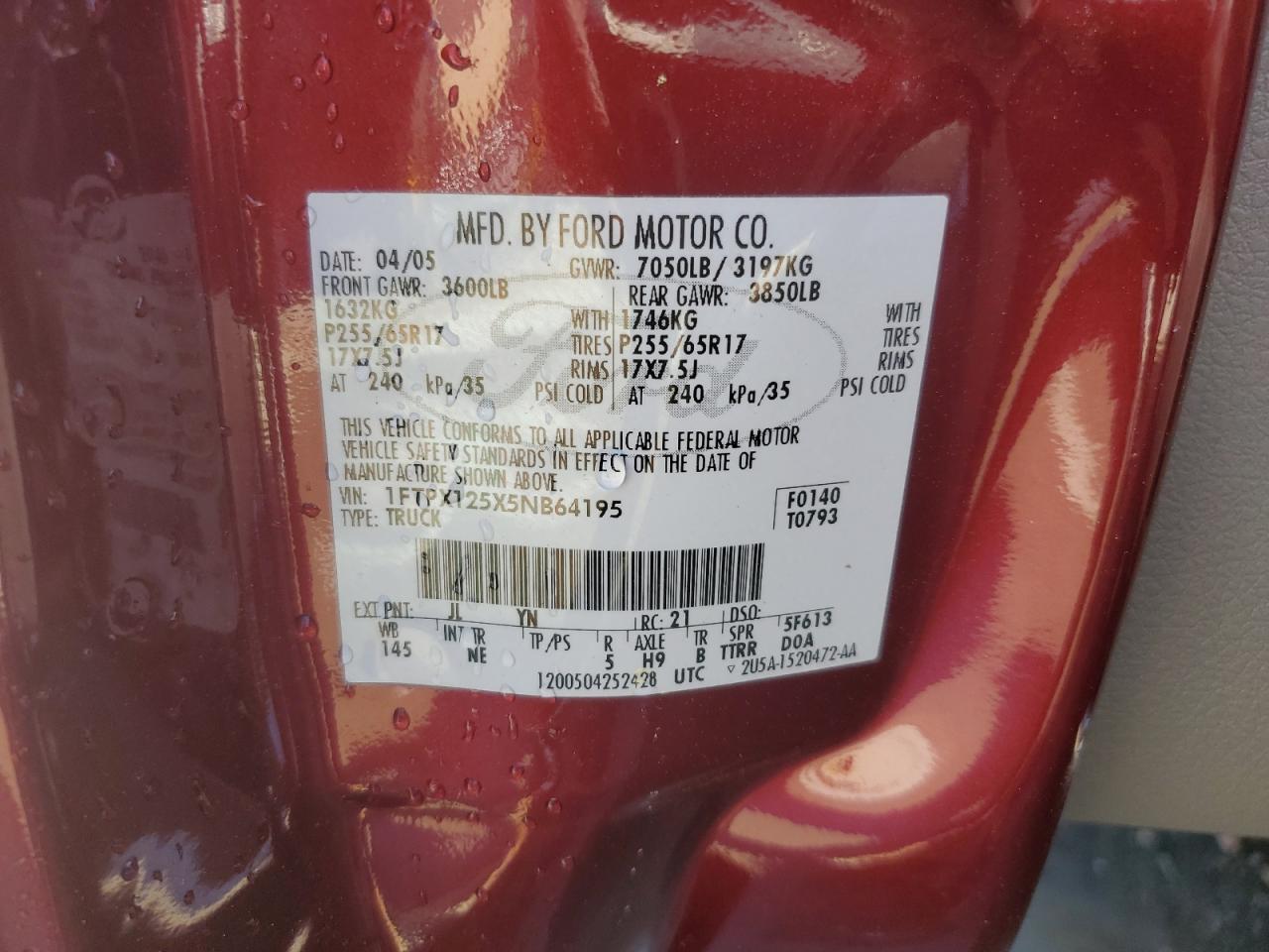 1FTPX125X5NB64195 2005 Ford F150