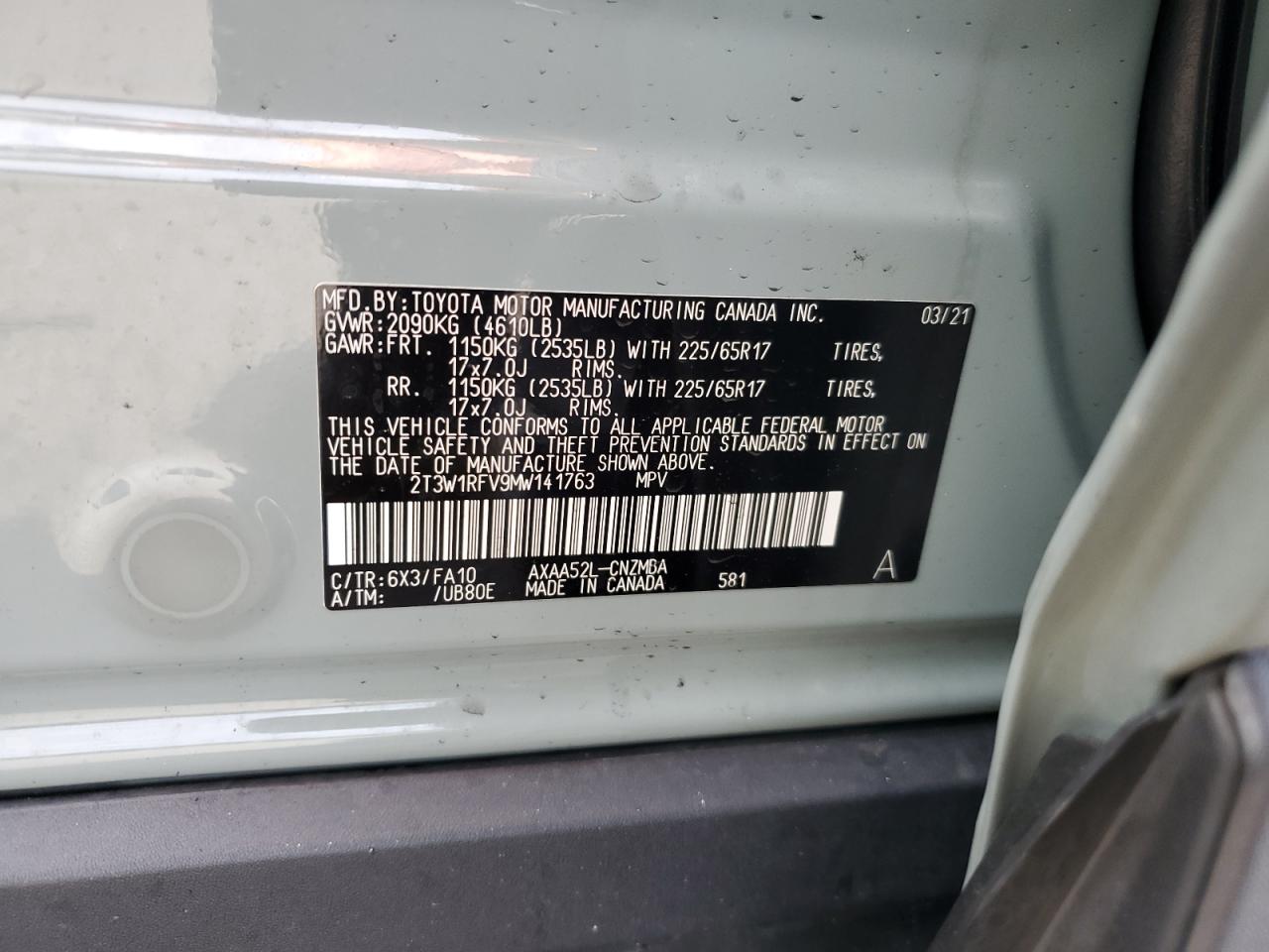 2T3W1RFV9MW141763 2021 Toyota Rav4 Xle