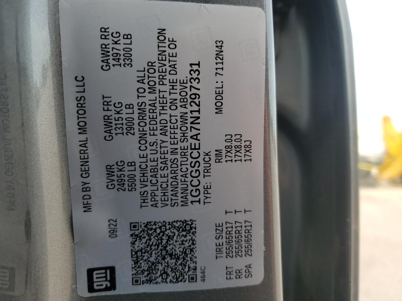 VIN: 1GCGSCEA7N1297331 2022 CHEVROLET COLORADO