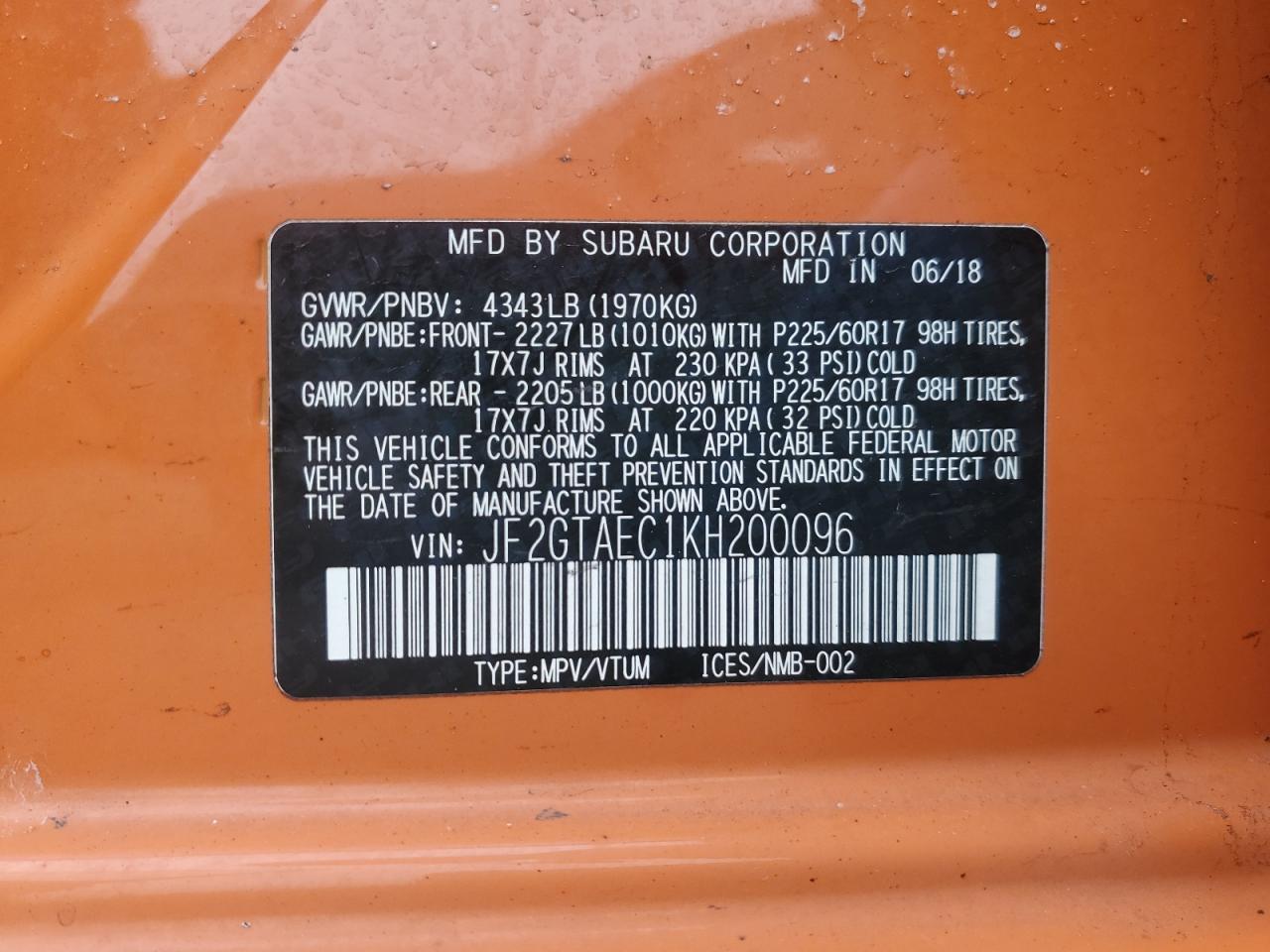 JF2GTAEC1KH200096 2019 Subaru Crosstrek Premium