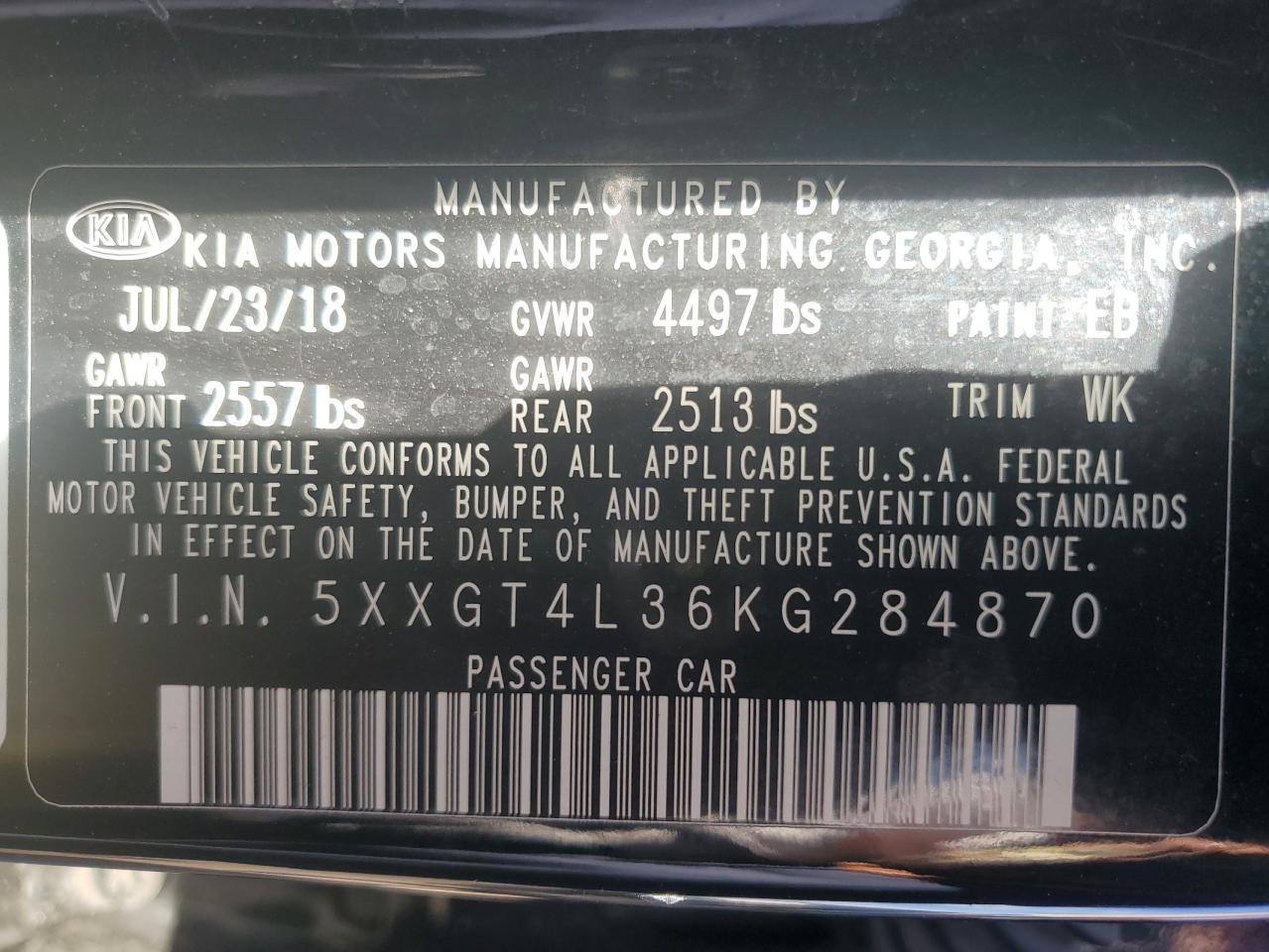 5XXGT4L36KG284870 2019 Kia Optima Lx