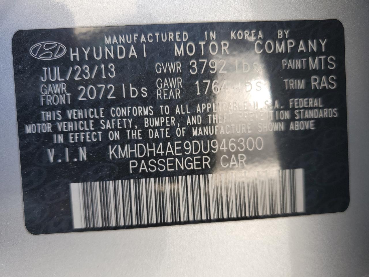KMHDH4AE9DU946300 2013 Hyundai Elantra Gls