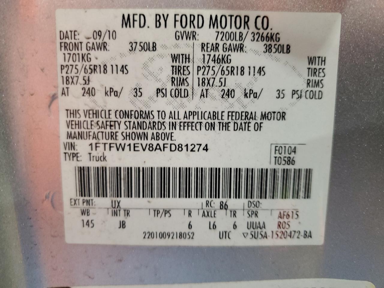 1FTFW1EV8AFD81274 2010 Ford F150 Supercrew