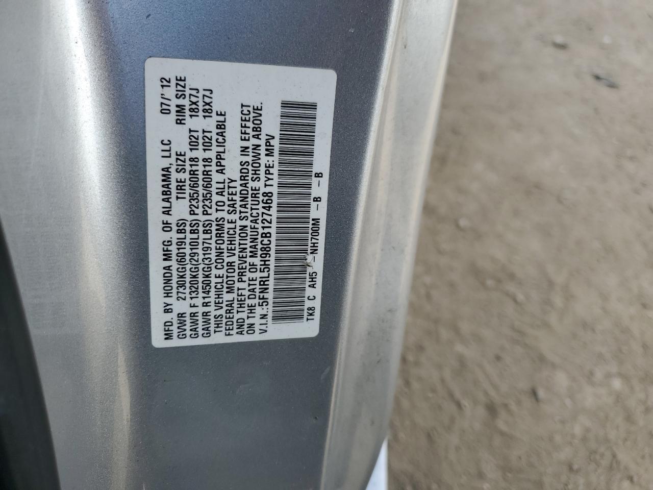 5FNRL5H98CB127468 2012 Honda Odyssey Touring