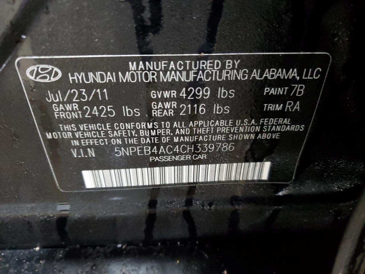 5NPEB4AC4CH339786 2012 Hyundai Sonata Gls