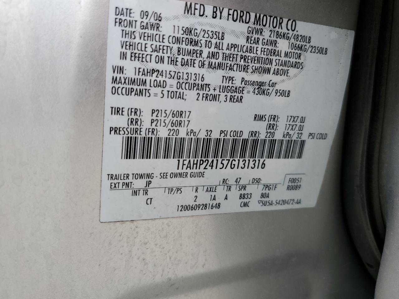 1FAHP24157G131316 2007 Ford Five Hundred Sel