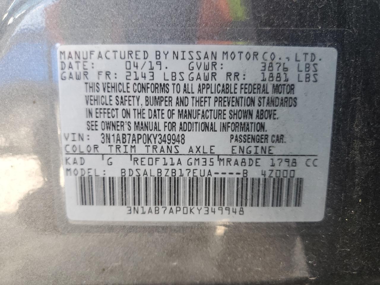 3N1AB7AP0KY349948 2019 Nissan Sentra S