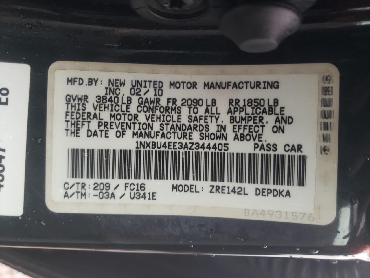 1NXBU4EE3AZ344405 2010 Toyota Corolla Base