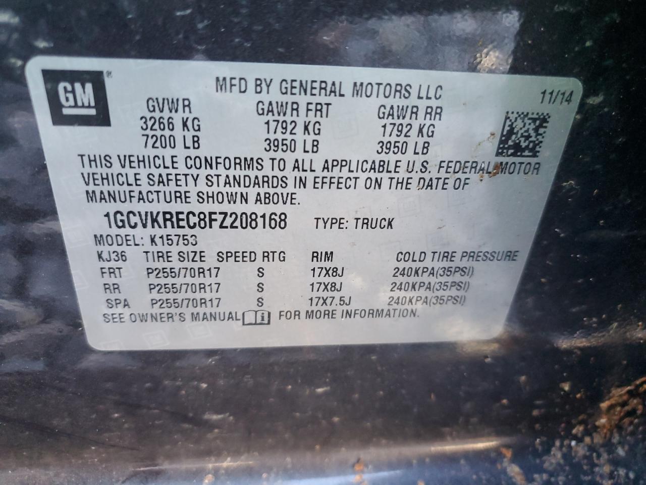 1GCVKREC8FZ208168 2015 Chevrolet Silverado K1500 Lt