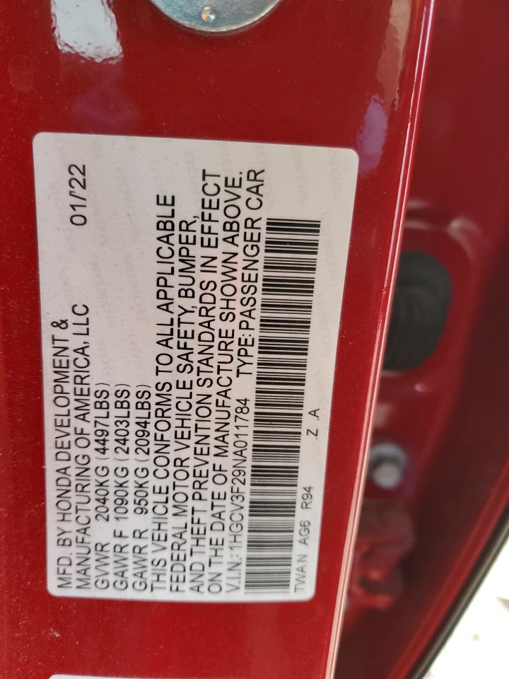 1HGCV3F29NA011784 2022 Honda Accord Hybrid Sport