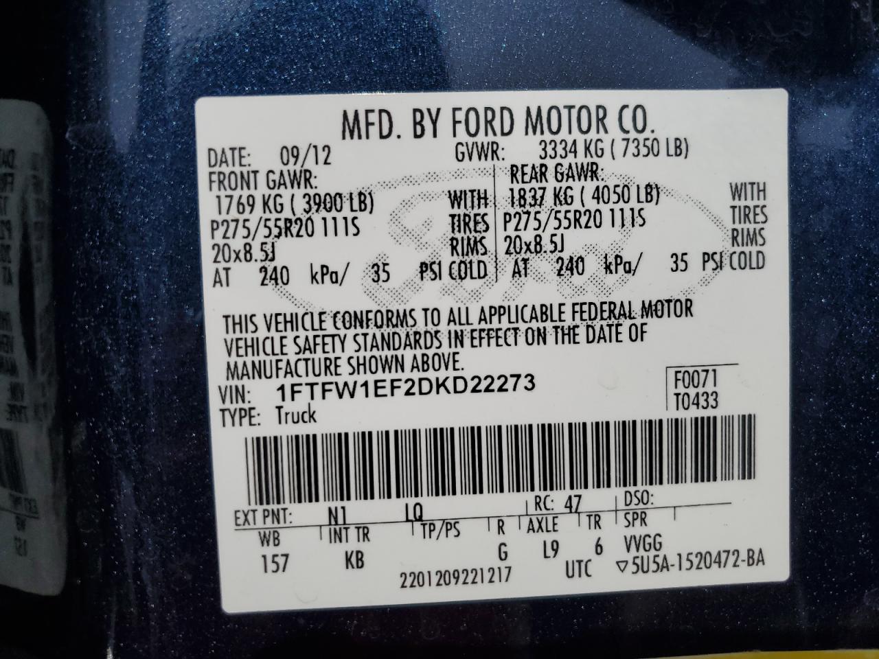 1FTFW1EF2DKD22273 2013 Ford F150 Supercrew