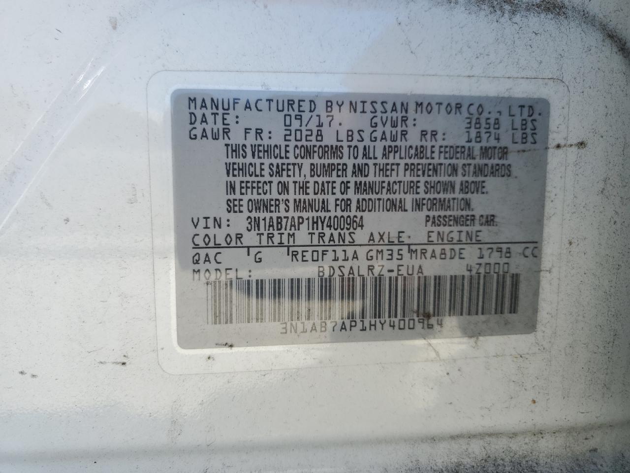 3N1AB7AP1HY400964 2017 Nissan Sentra S