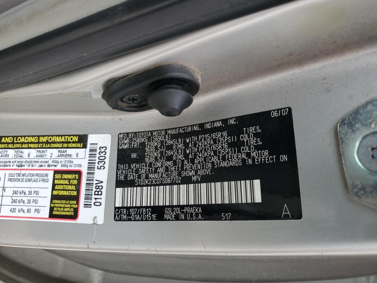 5TDZK23C07S087702 2007 Toyota Sienna Ce