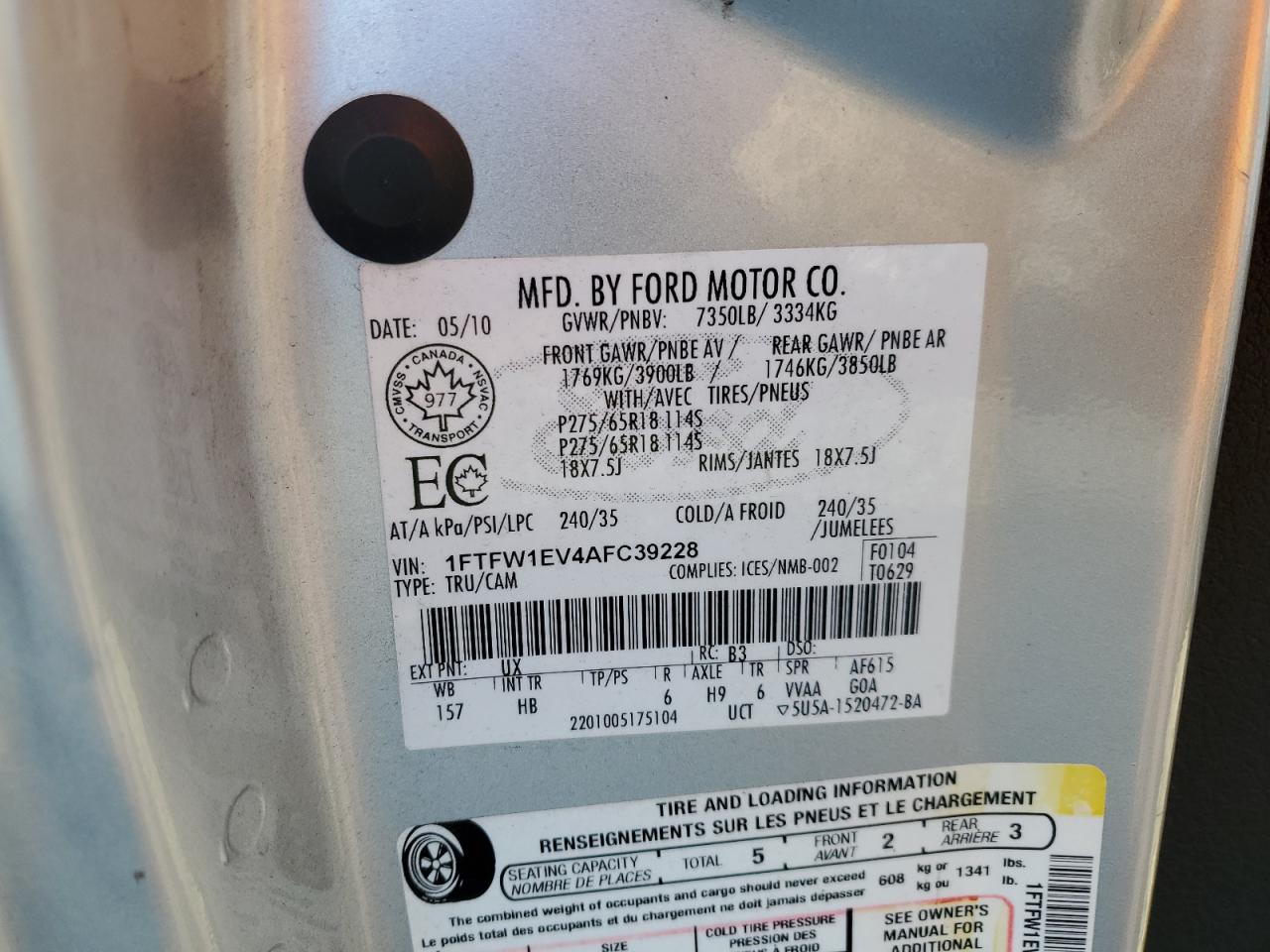 1FTFW1EV4AFC39228 2010 Ford F150 Supercrew