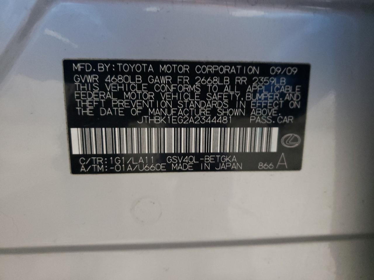 JTHBK1EG2A2344481 2010 Lexus Es 350