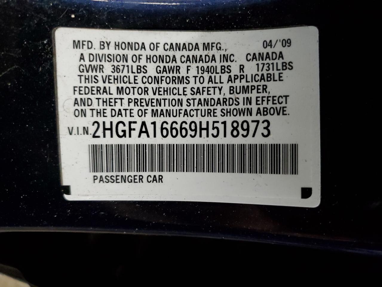 2HGFA16669H518973 2009 Honda Civic Lx-S