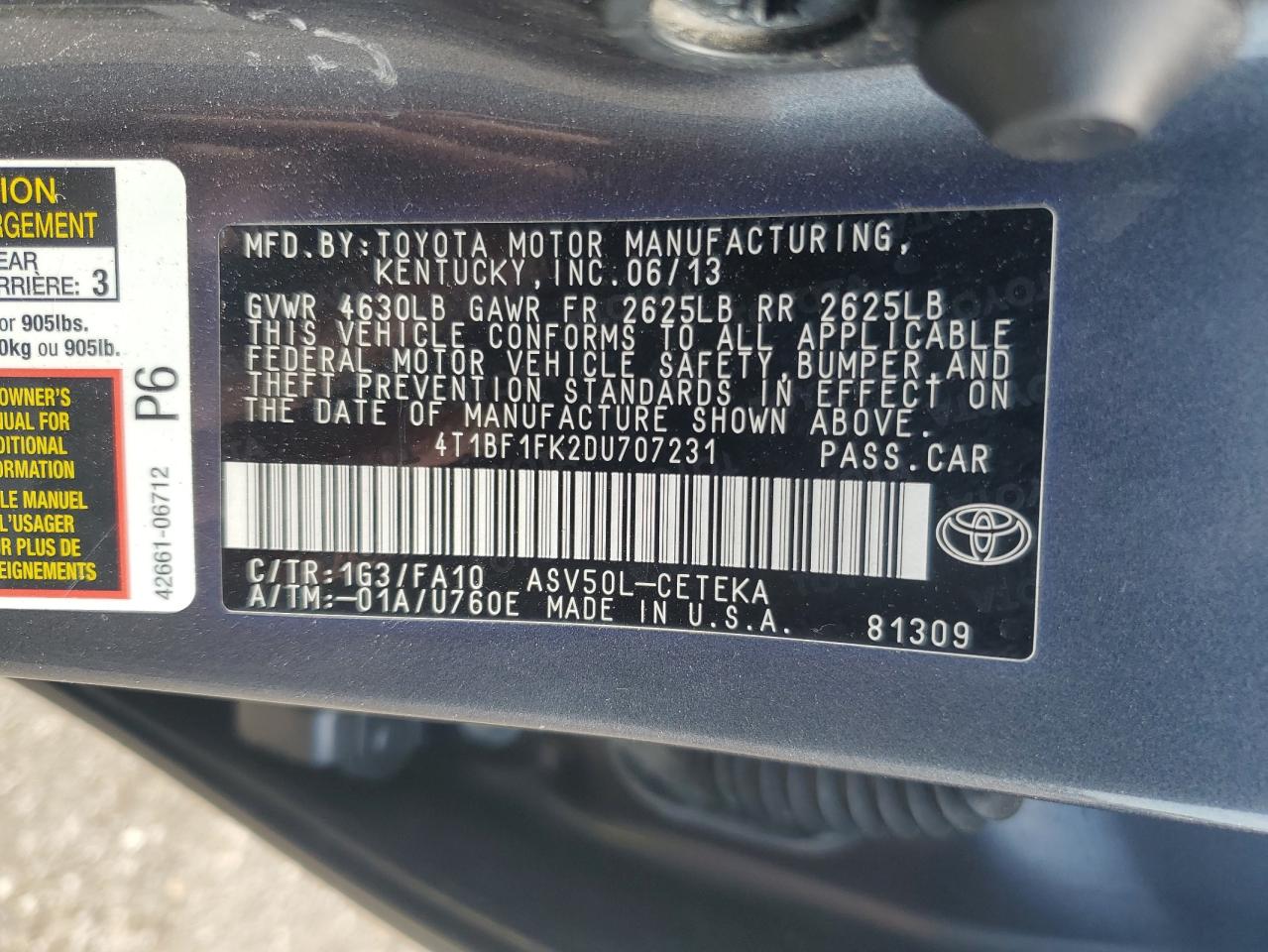 4T1BF1FK2DU707231 2013 Toyota Camry L