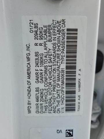 2021 Honda Accord Touring Hybrid VIN: 1HGCV3F91MA006381 Lot: 45801244