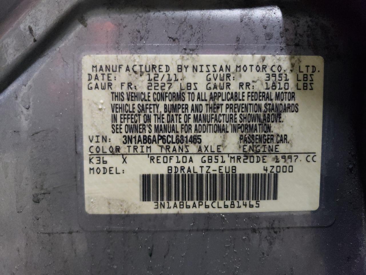 3N1AB6AP6CL681465 2012 Nissan Sentra 2.0