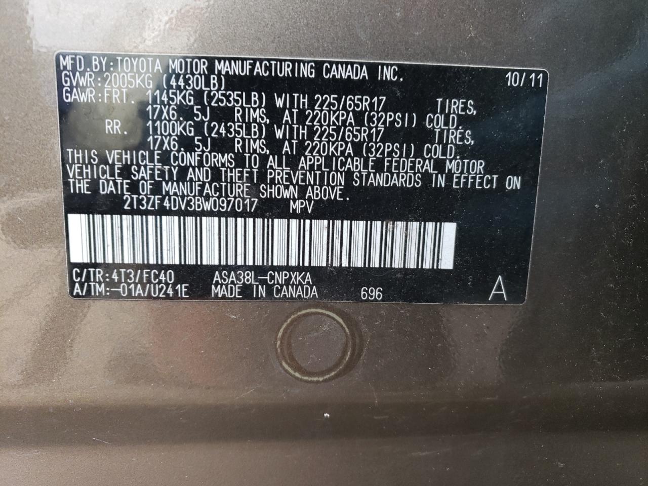 2T3ZF4DV3BW097017 2011 Toyota Rav4