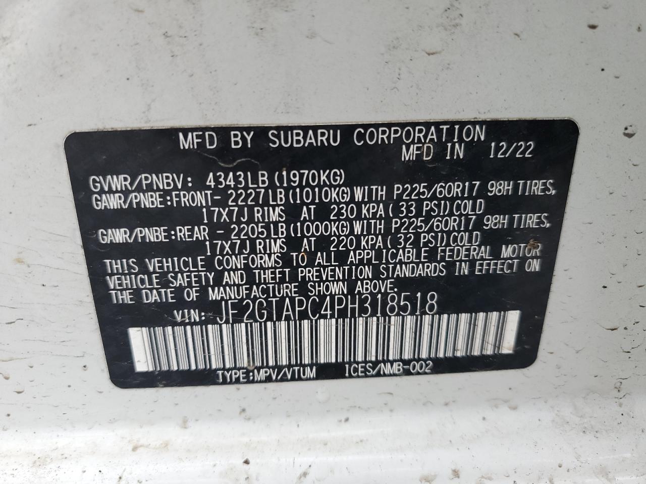 2023 Subaru Crosstrek 2.0L(VIN: JF2GTAPC4PH318518