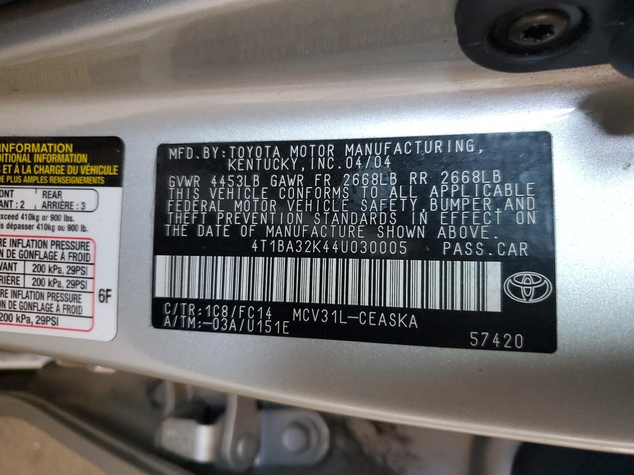 4T1BA32K44U030005 2004 Toyota Camry Se