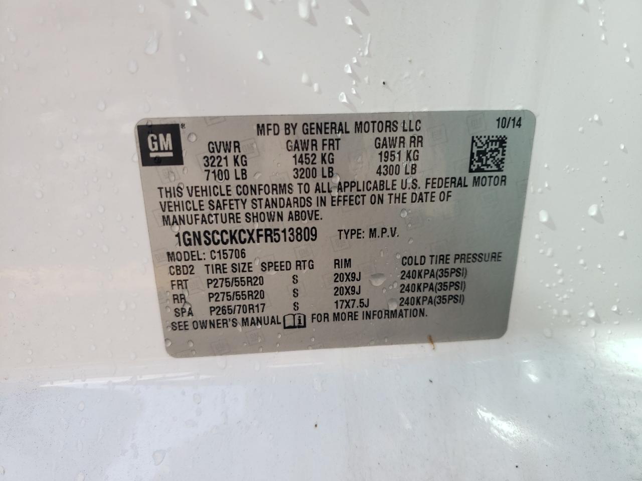 1GNSCCKCXFR513809 2015 Chevrolet Tahoe C1500 Ltz