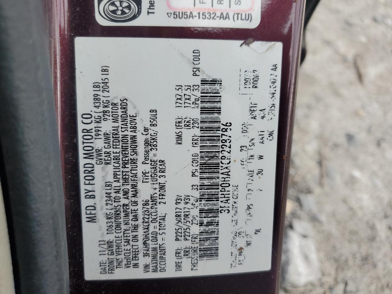 3FAHP0HAXCR228786 2012 Ford Fusion Se