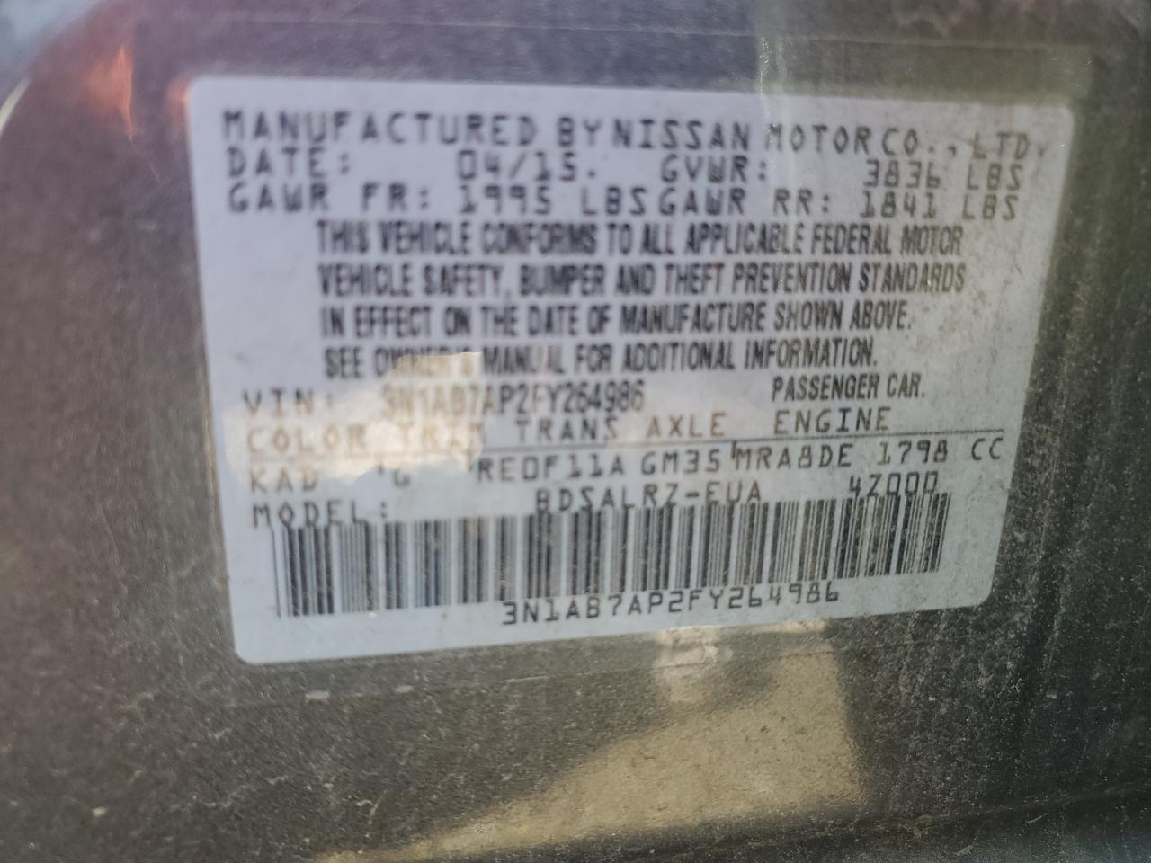 3N1AB7AP2FY264986 2015 Nissan Sentra S