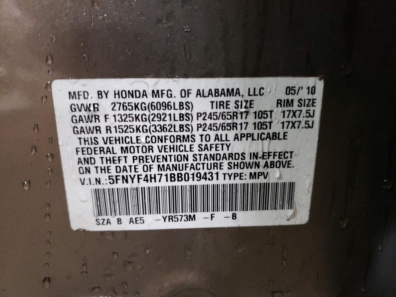 5FNYF4H71BB019431 2011 Honda Pilot Exln