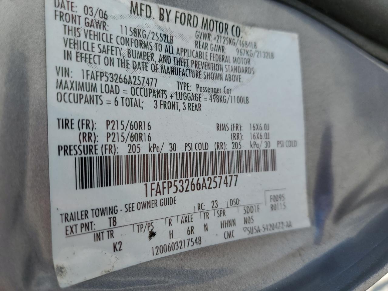 1FAFP53266A257477 2006 Ford Taurus Se