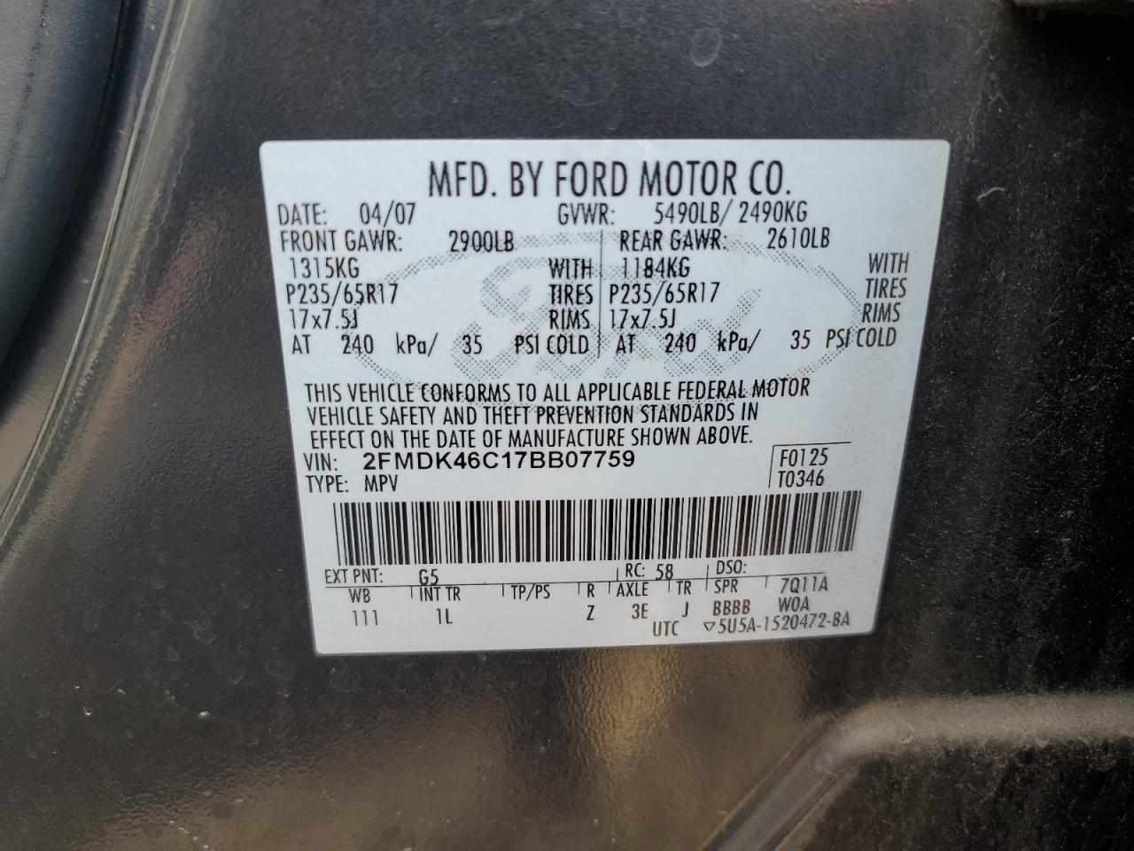 2FMDK46C17BB07759 2007 Ford Edge Se