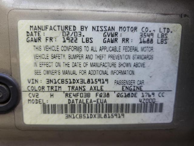 2003 Nissan Sentra Xe VIN: 3N1CB51DX3L815919 Lot: 45843514