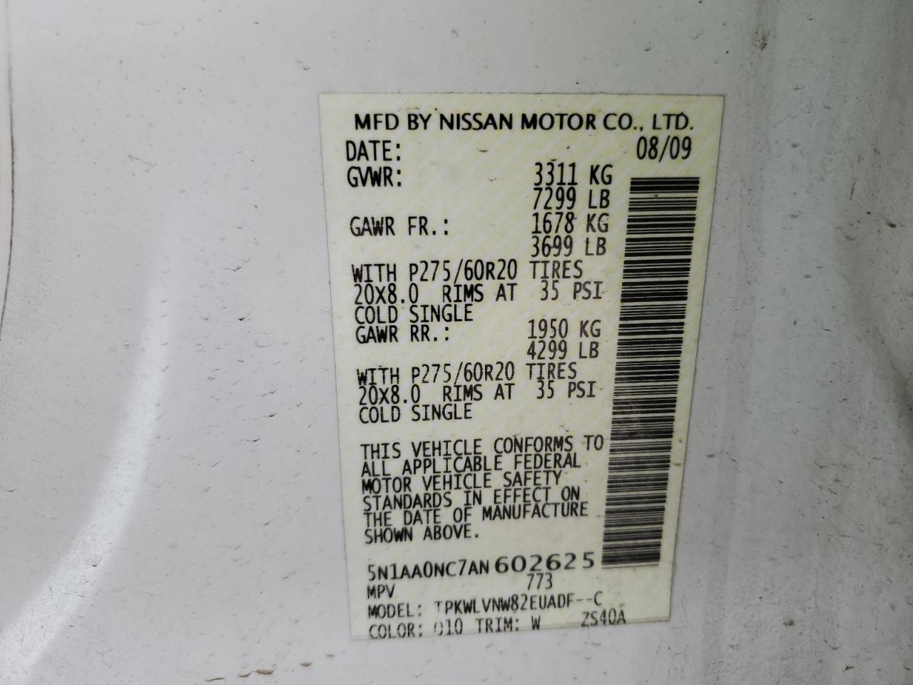 5N1AA0NC7AN602625 2010 Nissan Armada Se