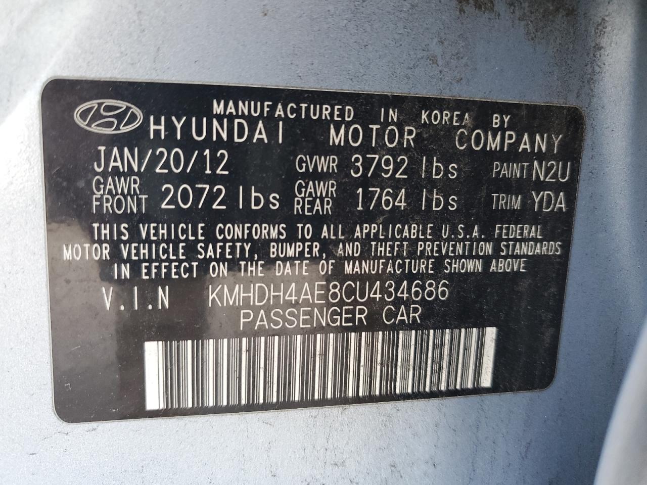 KMHDH4AE8CU434686 2012 Hyundai Elantra Gls