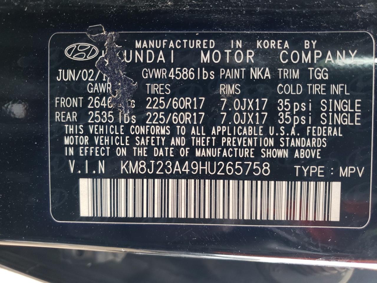 KM8J23A49HU265758 2017 Hyundai Tucson Se