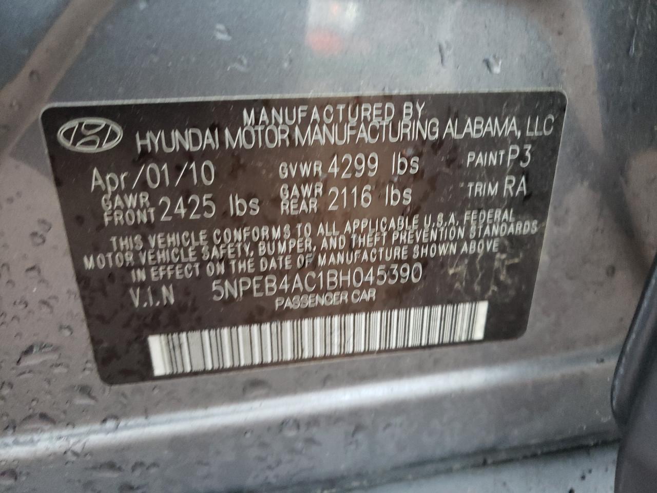 5NPEB4AC1BH045390 2011 Hyundai Sonata Gls